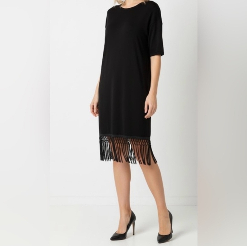 Zara Black Fringe Shift Midi Sweater Dress, Short Sleeves, Stretchy Knit, EUC!